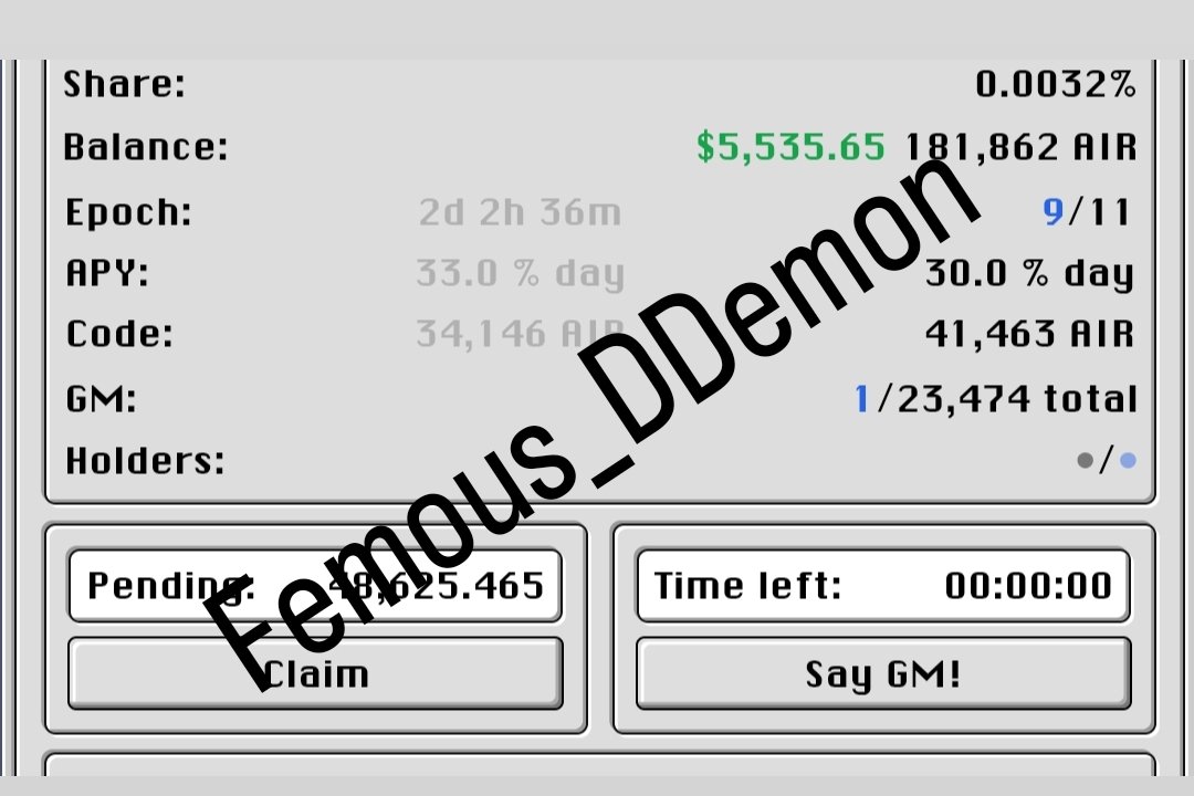 Crypto.₿🧢 (@femous_ddemon) on Twitter photo How much $AIR tokens You Farmed?
Here is mine <a href="/Ethereum_OS/">Eth OS</a> 
Epoch 9 of 11
1 code = 41463 $AIR
APY : 30% A Day !
Epoch 10 starts in 2d: 2h:10 Min How much $AIR tokens You Farmed?
Here is mine <a href="/Ethereum_OS/">Eth OS</a> 
Epoch 9 of 11
1 code = 41463 $AIR
APY : 30% A Day !
Epoch 10 starts in 2d: 2h:10 Min