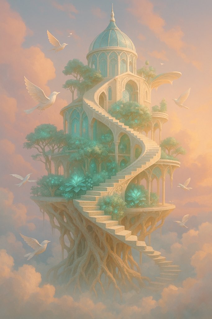 SubAiArt's tweet photo. Somewhere above the clouds, a staircase winds toward serenity. A sanctuary where doves sing and trees breathe dreams into marble.
#SurrealArt #FantasyArchitecture #Dreamscape #AIart #EtherealWorld https://t.co/Gf8MBpU2Y2