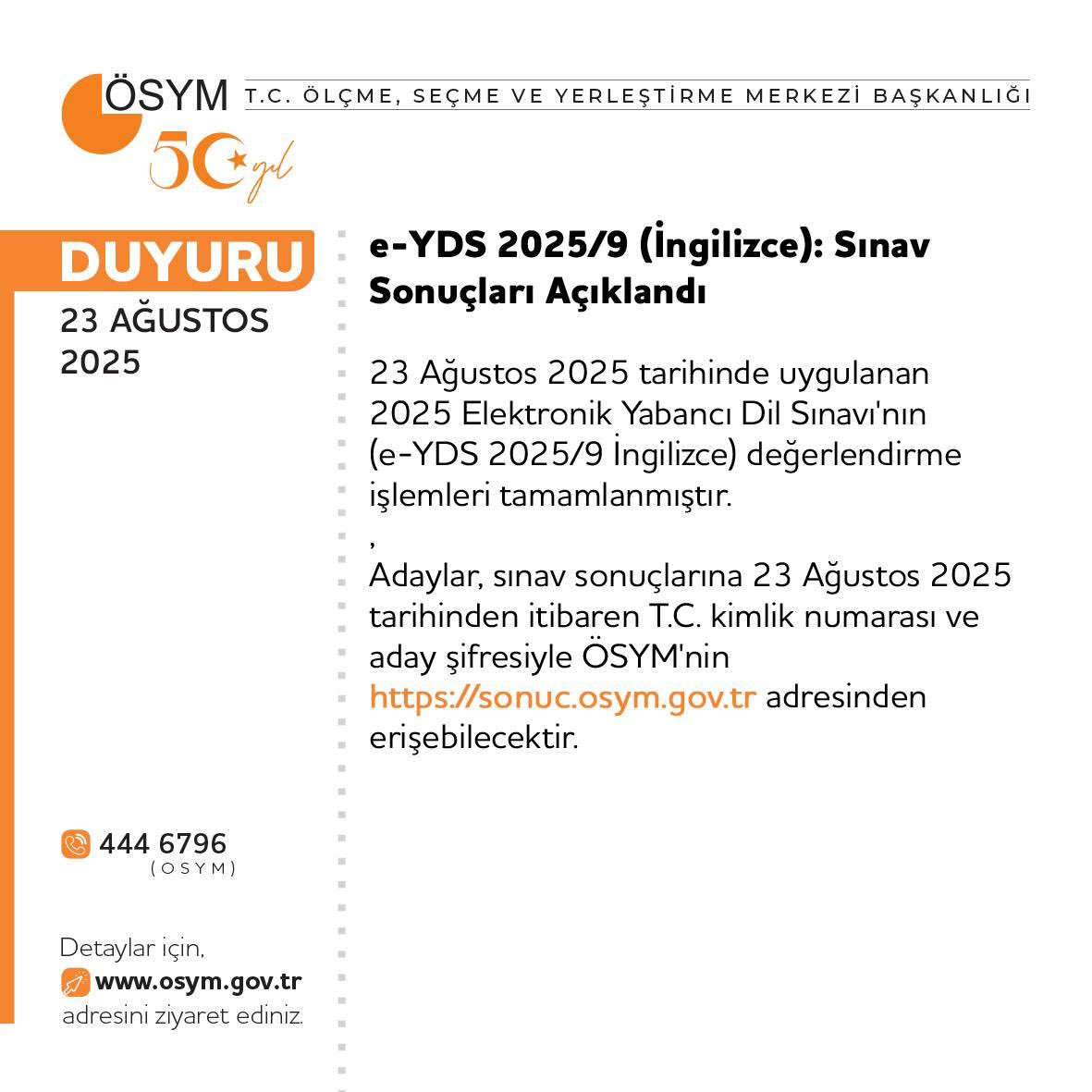 e-YDS 2025/9 (İngilizce): Sınav Sonuçları Açıklandı

osym.gov.tr/TR,33435/e-yds…