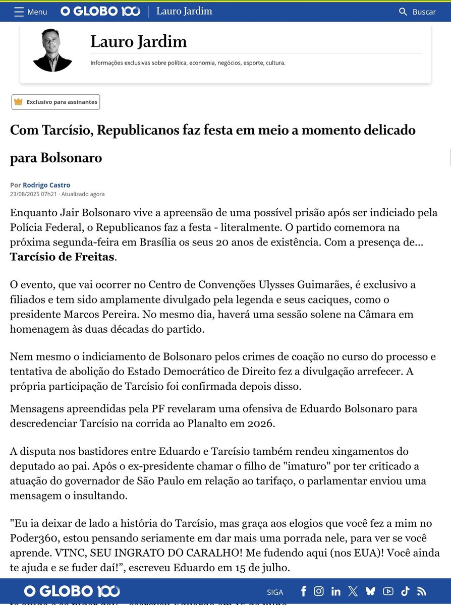 Essa matéria fala mais sobre o Republicanos do que sobre o Tarcísio.

O Mercado deseja isolar o bolsonarismo e com isso fará o papel do "pilheiro" em uma briga, se é que vocês me entendem.

Cabe ao Tarcísio deixar de ser trouxa e parar de fazer acenos p quem não lhe traz votos.