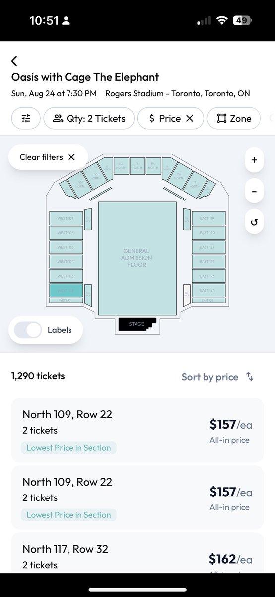 .⁦<a href="/oasis/">Oasis</a>⁩ has dropped to a $157 🎟️ “Get In” for Sunday nights Toronto, ON show. 

Today might be the day to pull the trigger. However, Monday night’s show is even cheaper right now.

ℹ️ ⁦<a href="/joinseatclub/">@joinseatclub</a>⁩