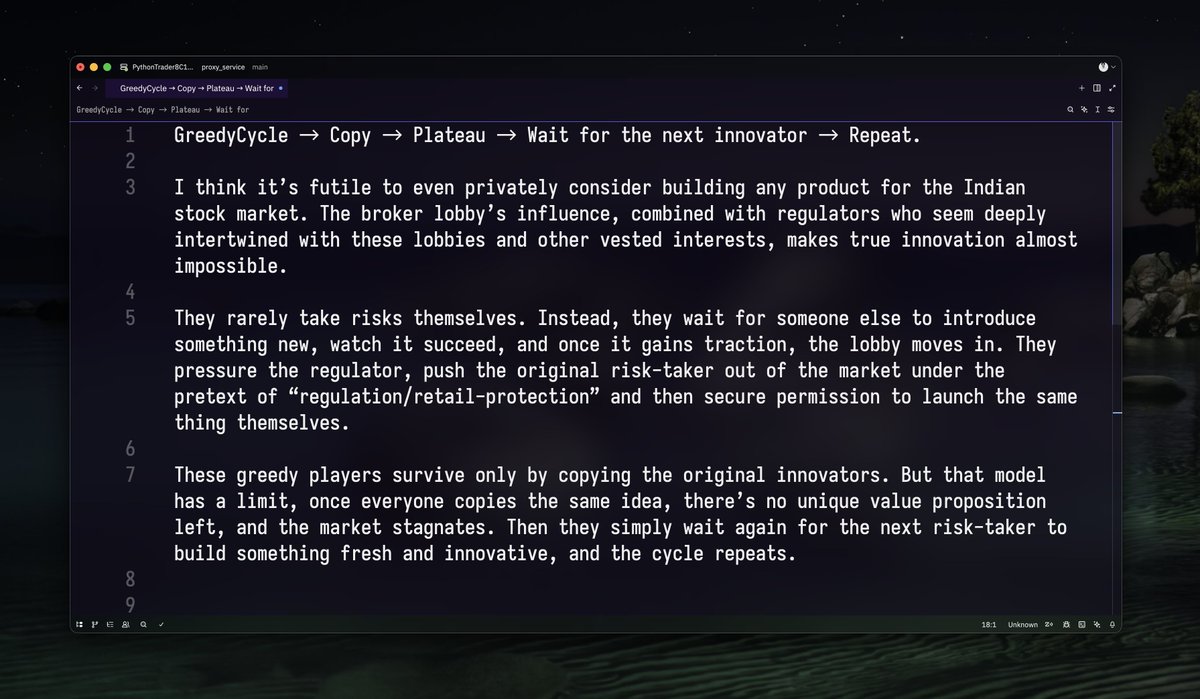 xoreax_eaxeax's tweet image. Honestly, it feels pointless to “even think” of building any type of products for the desi stock market. The broker lobby and their regulator buddies won’t take risks, they wait for others to innovate, then kill them off with “regulation” and copy the same idea themselves.