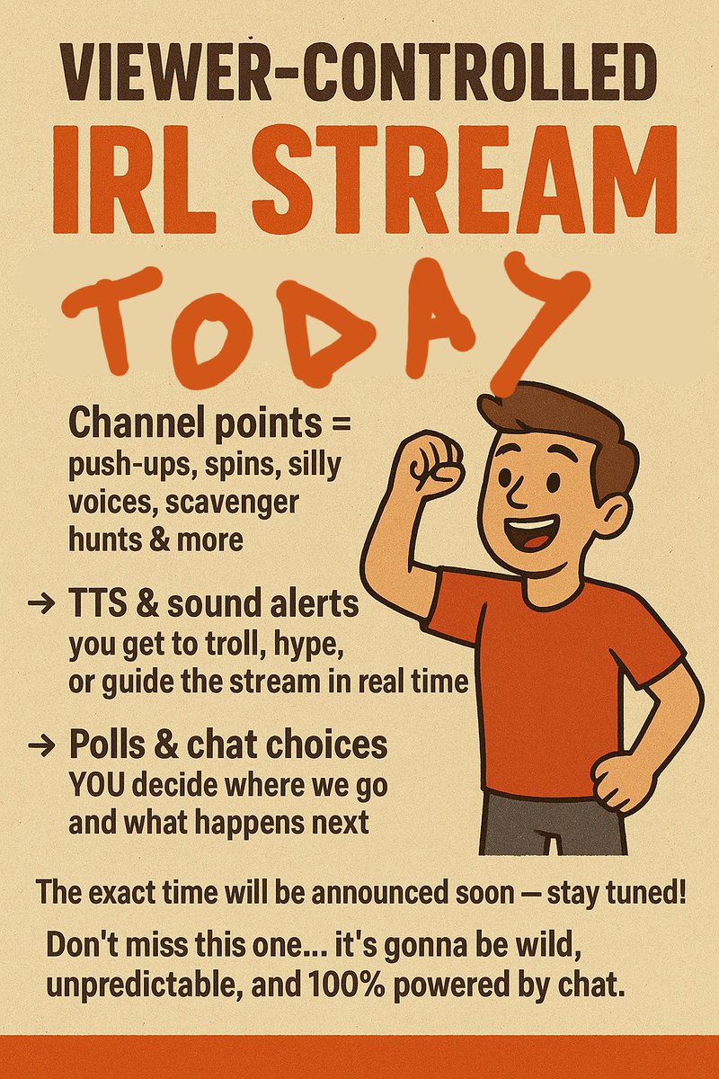 ToonyStudios's tweet image. 📸 VIEWER-CONTROLLED IRL STREAM TODAY 🌱
That’s right—chat’s in charge! 💪
Channel points, TTS, polls &amp;amp; choices = YOU decide what happens next.

Time TBA ⏳ stay tuned, it’s gonna be wild 👀

👉 twitch.tv/toonystudiosli… 

#IRL #Twitch #ChatControls
