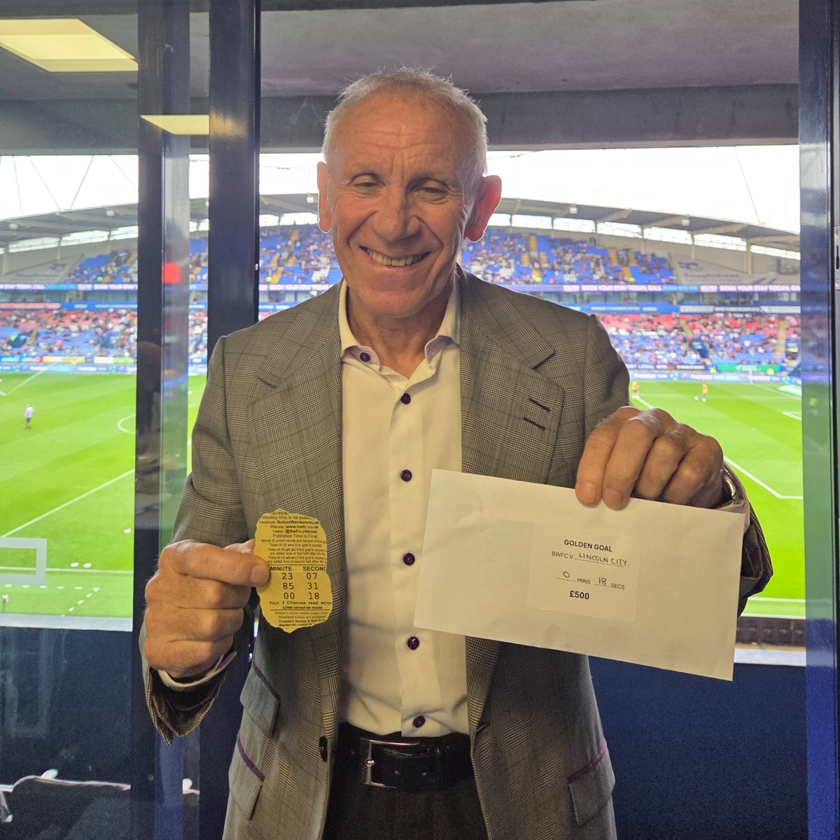 Winner!!!  This time it's a Legend, it's Peter Reid!  Peter was a guest today in one of our corporate boxes on the West stand and was lucky enough to have the ticket showing 00.18secs! Congratulations Peter!
Golden Goal will be back  V AFC Wimbledon with £500 to be won. #bwfc