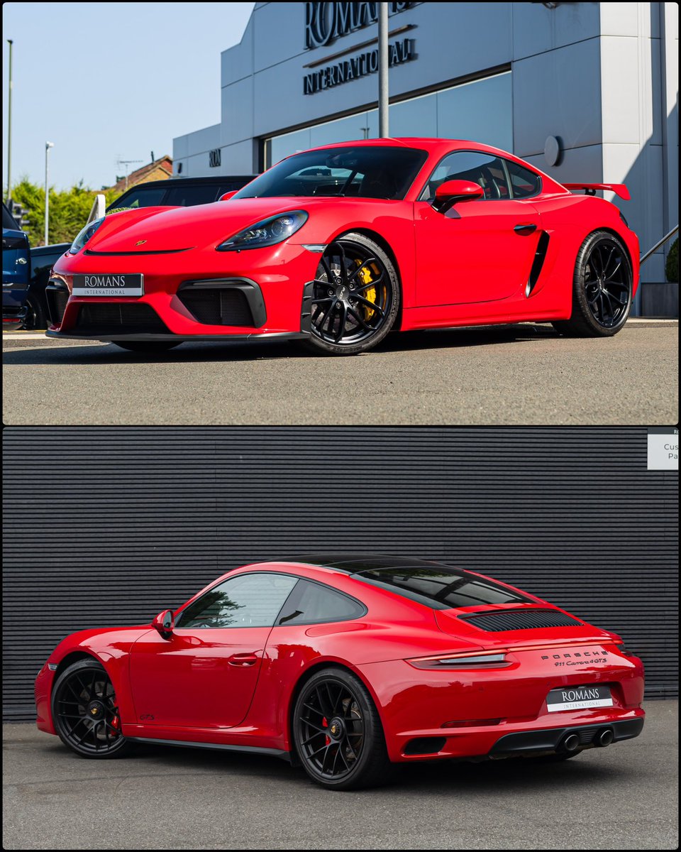 Now here’s a good sub £90k contest between 2 latest arrivals.

Top - 718 GT4 in Guards Red
Bottom - 991.2 C4 GTS in Carmine Red

Which red is best and which car are you picking?