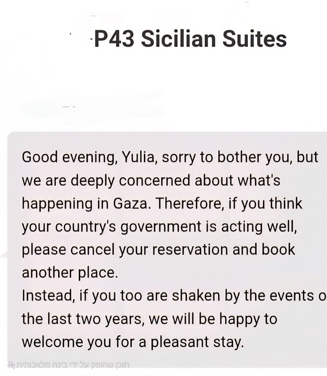 GOOD NEWS: Booking suspends a hotel that refused to host Israelis in Sicily, Italy 🇮🇹

After a hotel emailed an Israeli guest, demanding she cancel her reservation if she “supports the government’s actions in Israel,” Booking launched an investigation and removed P43 Sicilian