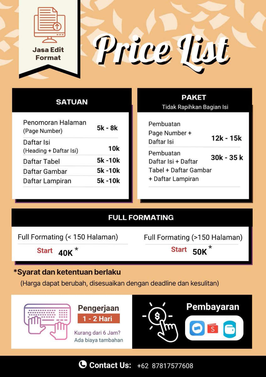 cipsucks's tweet image. Open Jasa Editing dan Formatting

Lagi dikejar deadline tapi dokumen belum rapi? 😫
Tenang, serahin aja ke kita!
✅ Editing &amp;amp; formatting
💰 Harga? Mulai 5K!
#formating #jasadokumen #jasaedit #skripsi #msword #skripsihack #jasaformatskripsi  #wts #wtb #zonauang