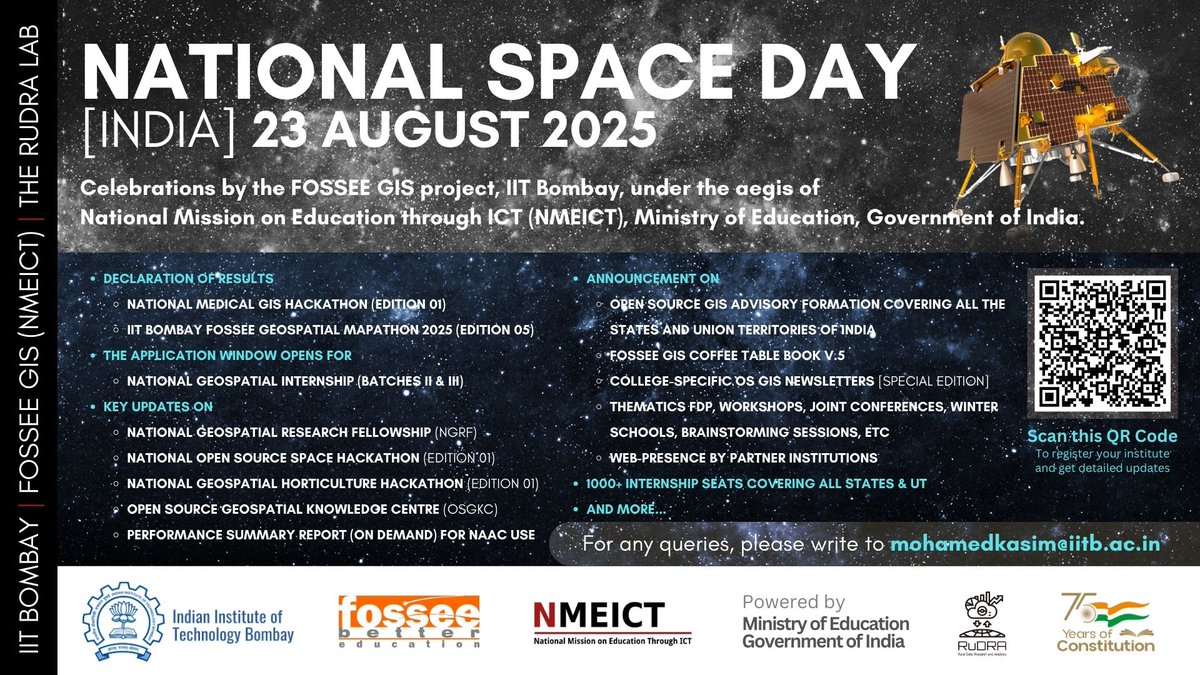 FOSSEE's tweet image. @iitbombay @FOSSEE Second National Space Day (#India) celebrations by #FOSSEE #GIS. To know more, register visit linkedin.com/posts/fossee-i…