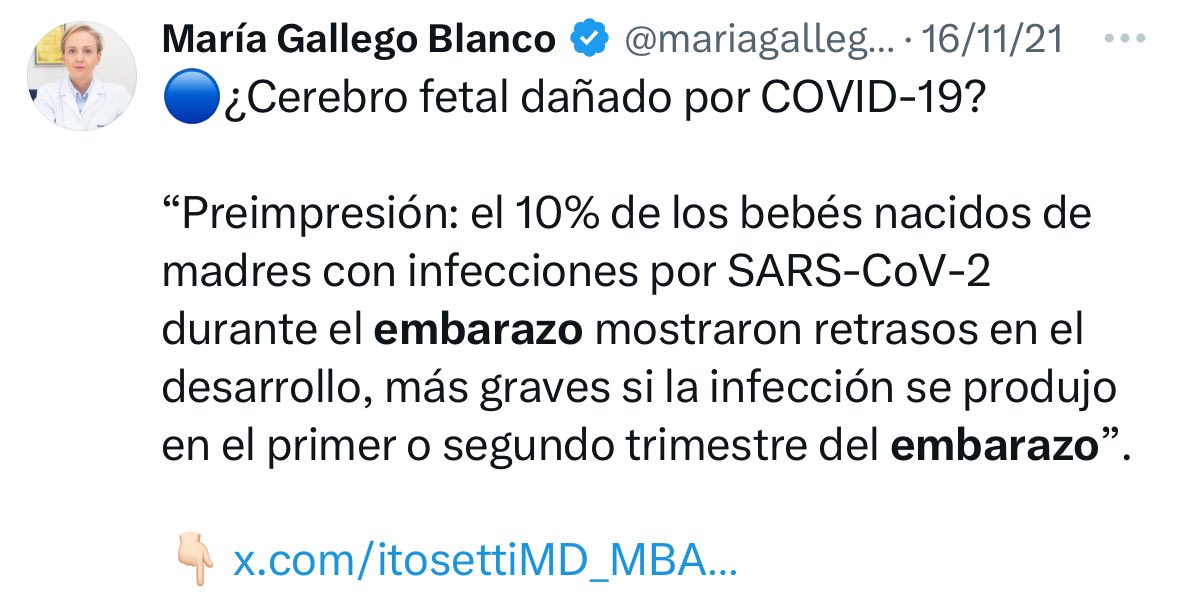 mariagallegobl's tweet photo. 🔴 RETRASO DESARROLLO CEREBRAL
- NIÑOS - EMBARAZO COVID 

NO SERÁ PORQUE NO AVISAMOS

Si me pongo a buscar bien, probablemente encuentre tweets desde 2020, y muy posiblemente haya varios
de @fitterhappierAJ 

El mensaje era intentar proteger a las embarazadas de las infecciones.

Explicar medidas simples que habrían funcionado y no lo que se hizo (un absurdo de principio a fin).

Al menos informar bien a la población, para que cada uno hiciese lo que estimase oportuno. 

Porque la gente bien informada no se suele equivocar.

Pasen, lean y fijense en las fechas de las imágenes. Son sólo un pequeño ejemplo.

Y así con todo. La lista es interminable.
¿Ignorancia, negligencia o manipulación?

Cualquiera sabe.

Muchos leemos ciencia a diario. Ciencia al alcance de todos ustedes.

Y llegó 2020 y, en este sentido, marcó un antes y un después.

Ya no hacía falta leer @Nature o @ScienceMagazine, por ejemplo, porque ese fue el año en el que los científicos de verdad (esos que publican en las revistas más prestigiosas y no son altavoces de nadie) salieron de sus laboratorios, despachos y congresos para contarles desde Twitter (otros lugares estaban vetados y los titulares bailaban al son de terceros) lo que realmente pasaba y qué había que hacer.

Ingenieros, físicos, químicos, biólogos, mis queridos veterinarios, algunos médicos y otros profesionales de bien …  entendieron que debían bajar a la calle (Twitter) para acercarnos ciencia de verdad. De esta manera explicaban sus hallazgos, debatían entre ellos y estaban accesibles para todos.

Era ciencia en directo de un modo absolutamente novedoso.
Lo nunca visto.

Y ciudadanos anónimos arrimaron el hombro. 

Gracias a todos vosotros. Ya sabéis quiénes sois. Siempre fuisteis (fuimos) por delante. 

El tiempo termina poniendo las cosas en su sitio y al final, aunque sea 5 años más tarde, leemos con tristeza un titular más.

Muchos no nos asombramos con noticias como esta, o con “nuevos” hallazgos sobre consecuencias en endotelio, cáncer y un largo etc.

Es un goteo duro, que no sé cómo deja dormir a algunos.

Aquí el artículo de ayer en prensa. 

👉🏻https://t.co/WknJBcOz9o