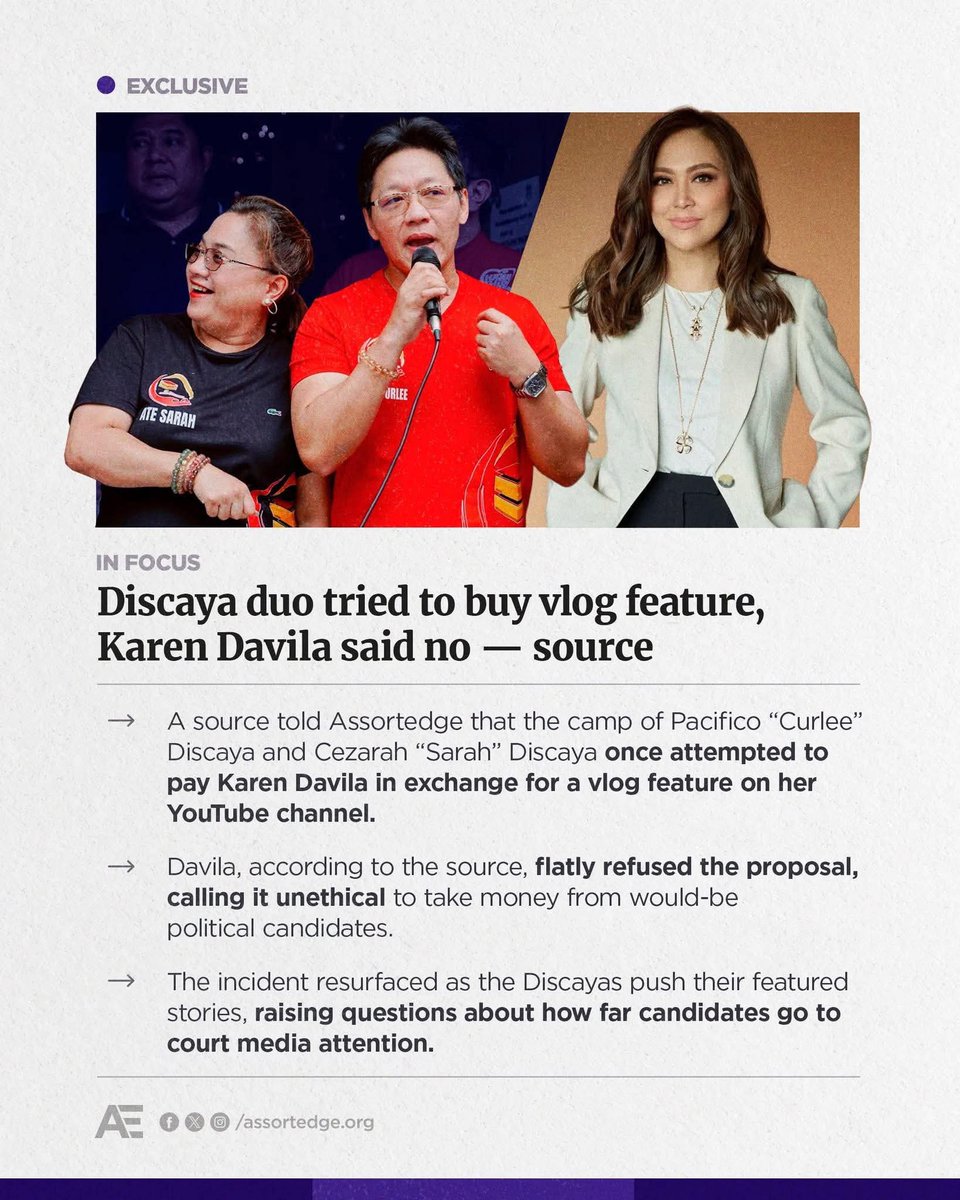 DISCAYA DUO TRIED TO BUY VLOG FEATURE, KAREN DAVILA SAID NO.

So! Totoo pala na talagang nagbabayad ang Discaya couple sa mga journalists na mag feature sa kanilang supposed to be inspiring rugs to riches life story. 

Ano kaya ang masasabi dito nila Korina at Julius? 🤑🤑🤑