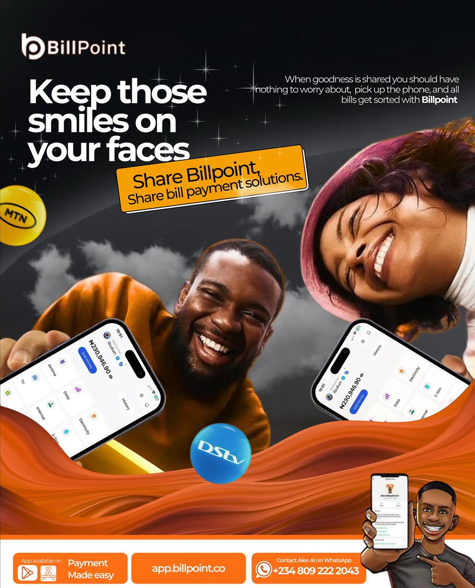 Billpointafrica's tweet photo. Smiles made easy with BillPoint!
From airtime to TV subscriptions and more, we’ve got all your bills covered in just a few taps. Simple, fast, and stress-free. 💡📱
✨ Share BillPoint, share happiness!
#BillPoint #paymentmadeeasy
#staysmiling #billsolutions
#explorepage✨ #explore