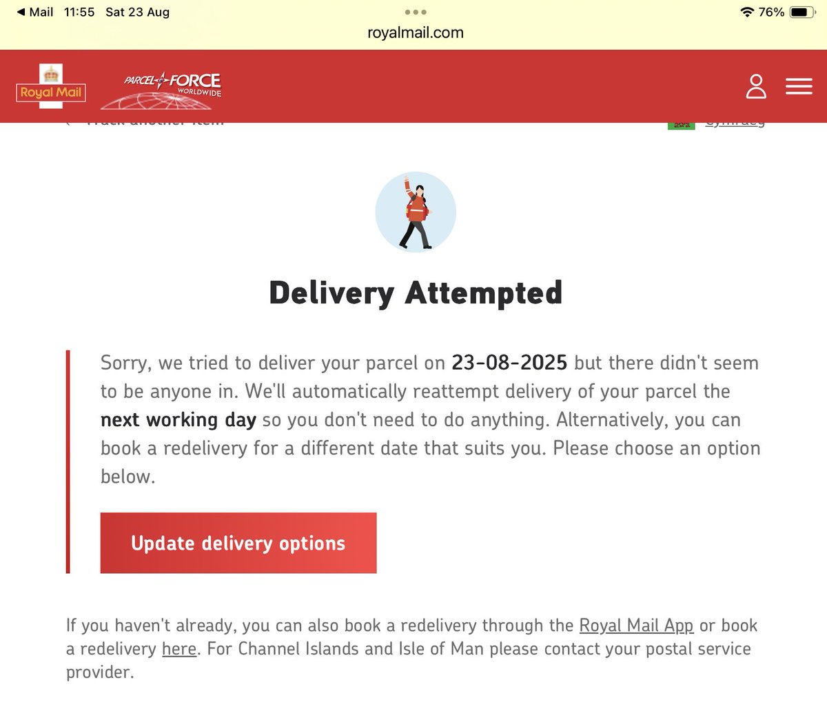 I’m astonished by Royal Mail but they tell lies about a delivery. I’ve waited in all morning for this delivery not a peep from them until I get this email. Disgraceful @royalmail