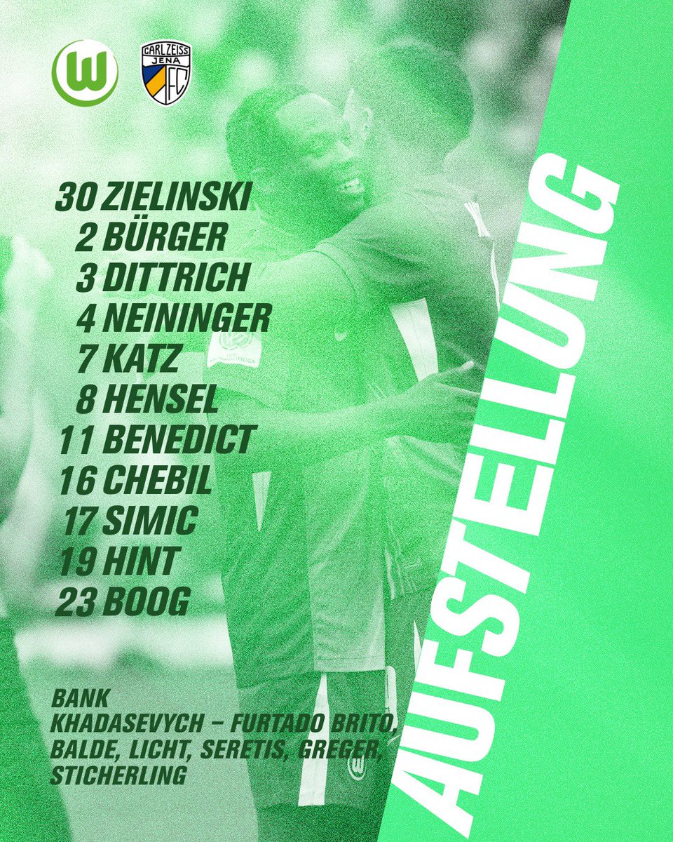 Unsere U19-Wölfe empfangen heute ab 14 Uhr Carl Zeiss Jena. Das ist die Startformation.

#VfLWolfsburg
