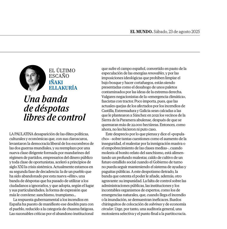 Iván Espinosa de los Monteros (@ivanedlm) on Twitter photo Articulazo de <a href="/iellakuria/">Iñaki Ellakuria 🌻</a>:
La paulatina desaparición de las élites políticas, culturales y económicas que, con sus claroscuros, levantaron la democracia liberal de los escombros de las dos guerras mundiales, y su reemplazo por una nueva clase dirigente formada por mandarines del Articulazo de <a href="/iellakuria/">Iñaki Ellakuria 🌻</a>:
La paulatina desaparición de las élites políticas, culturales y económicas que, con sus claroscuros, levantaron la democracia liberal de los escombros de las dos guerras mundiales, y su reemplazo por una nueva clase dirigente formada por mandarines del