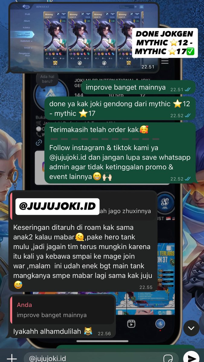 jujujoki_id's tweet photo. testi joki gendong:

• Done jokgen glory ⭐️88 - ⭐️93✅
• Done jokgen glory ⭐️50 - ⭐️57✅
• Done jokgen honor ⭐️44 - glory ⭐️50✅
• Done jokgen mythic ⭐️12 - ⭐️17✅

info order joki rank/jokgen langsung ke wa https://t.co/RUdI2j1v8N

#testijujujoki #zonauang #jokimlbb #jokgen https://t.co/UouWS1T7XL