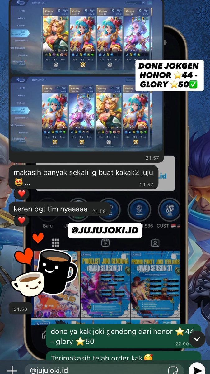 jujujoki_id's tweet photo. testi joki gendong:

• Done jokgen glory ⭐️88 - ⭐️93✅
• Done jokgen glory ⭐️50 - ⭐️57✅
• Done jokgen honor ⭐️44 - glory ⭐️50✅
• Done jokgen mythic ⭐️12 - ⭐️17✅

info order joki rank/jokgen langsung ke wa https://t.co/RUdI2j1v8N

#testijujujoki #zonauang #jokimlbb #jokgen https://t.co/UouWS1T7XL