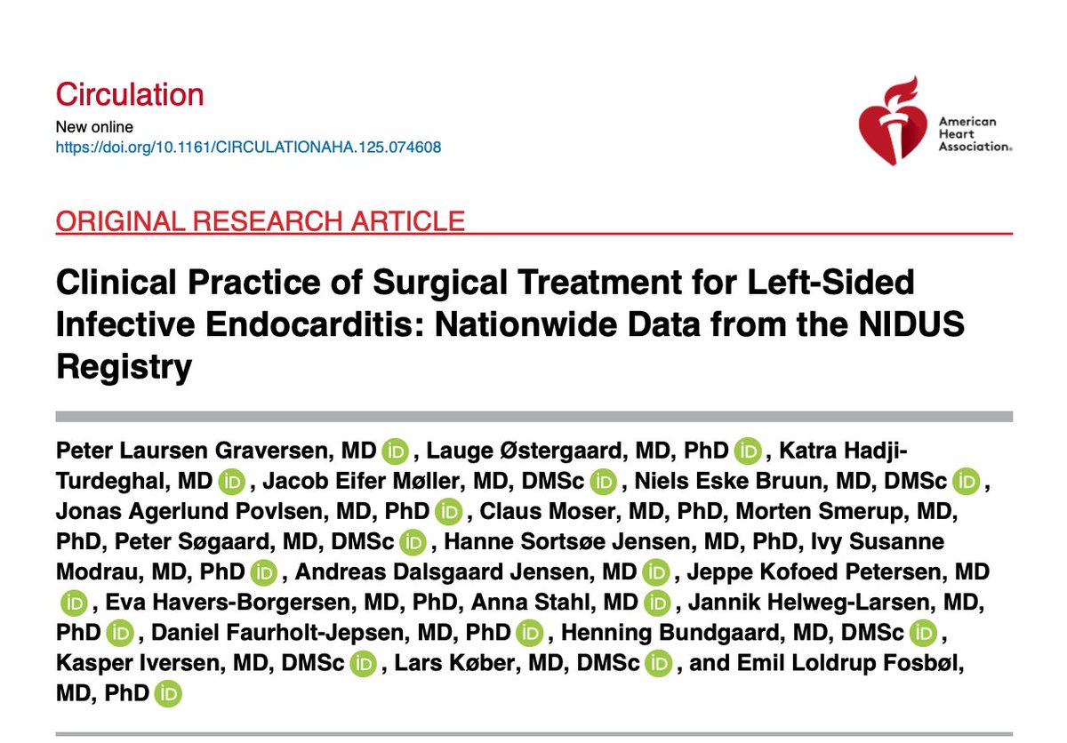 Clinical Practice of Surgical Treatment for Left-Sided Infective Endocarditis: Nationwide Data from the NIDUS Registry: <a href="/CircAHA/">Circulation</a> 

🥸 1/2 of pts with indication for Sx, underwent surgery for endocarditis 

👇👇👇