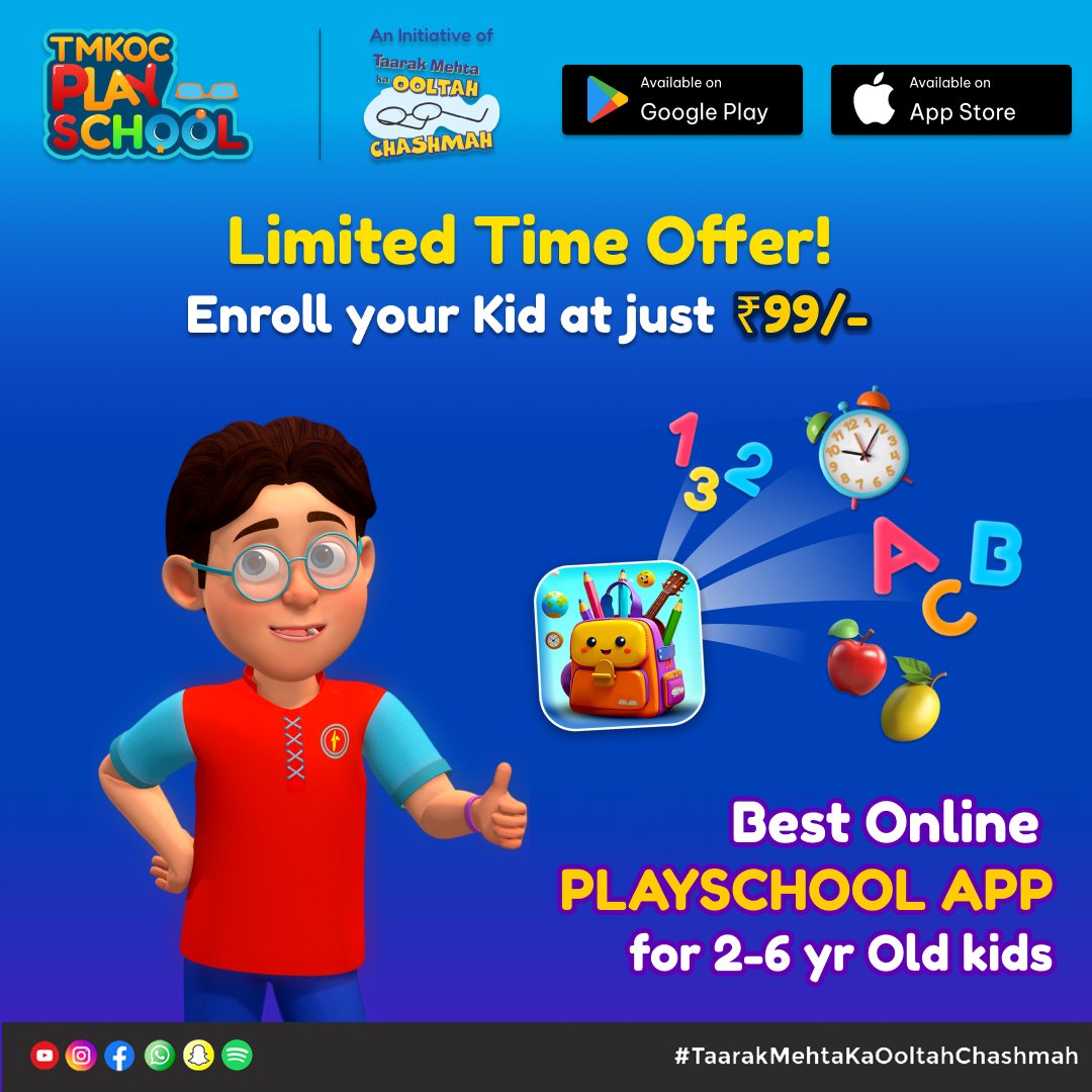 Looking for the best online playschool for your kid? 👶 Enroll them today at TMKOC Play School!
Join now at just ₹99/- 🎉 Limited time offer, don’t miss out!

Download now
Google Play Store: play.google.com/store/apps/det…

Apple Test Flight: testflight.apple.com/join/SYgGKcAG

#tmkocplayschool