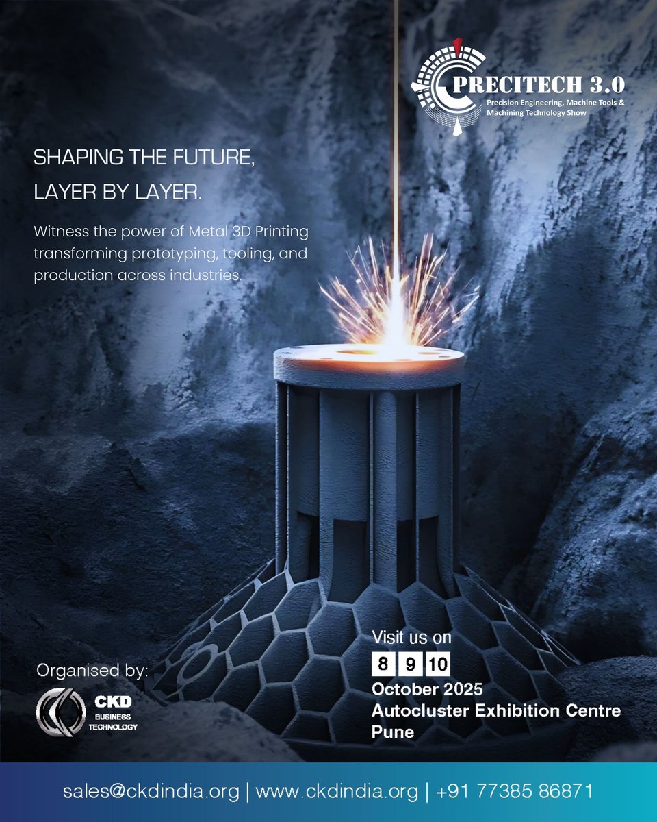 Layer by layer, the future takes shape. 
Experience the speed, precision &amp; design freedom of Metal 3D Printing — live at Precitech Exhibitions, 8-10 Oct, Pune.

#3DPrintingIndia #MetalAdditive #Precitech2025 #ManufacturingInnovation #PuneEvents #TechExhibition