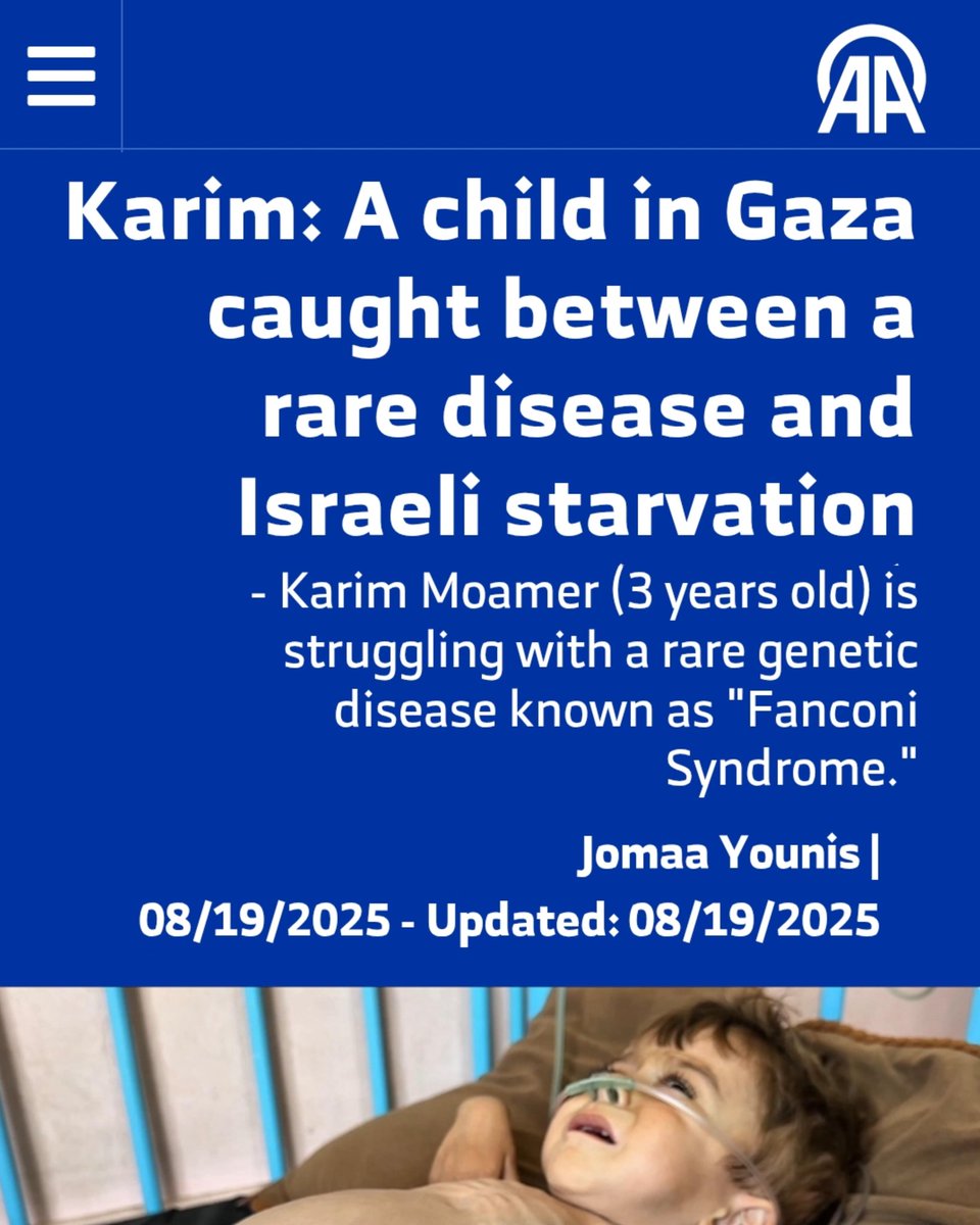 The Daily Mirror is once again exploiting sick children to push its bogus “Gaza famine” narrative.

This time, they feature a photo of poor Karim Muammar, but don't mention that he suffers from Fanconi syndrome, a genetic disorder that severely damages his gut, liver, and kidneys