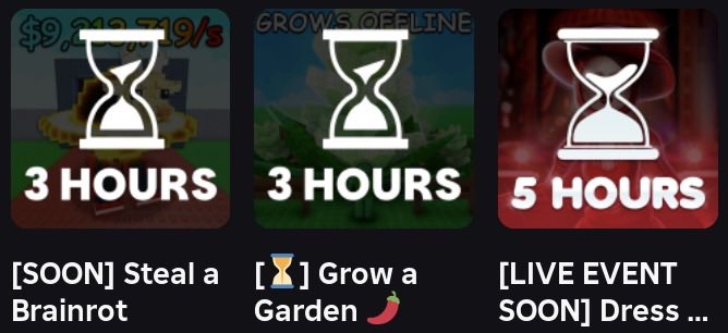 The three MOST POPULAR Roblox games are ALL having live events TODAY!! Which one are you most excited for?

🌲Grow a Garden
👗 Dress to Impress
❓ Steal a Brainrot