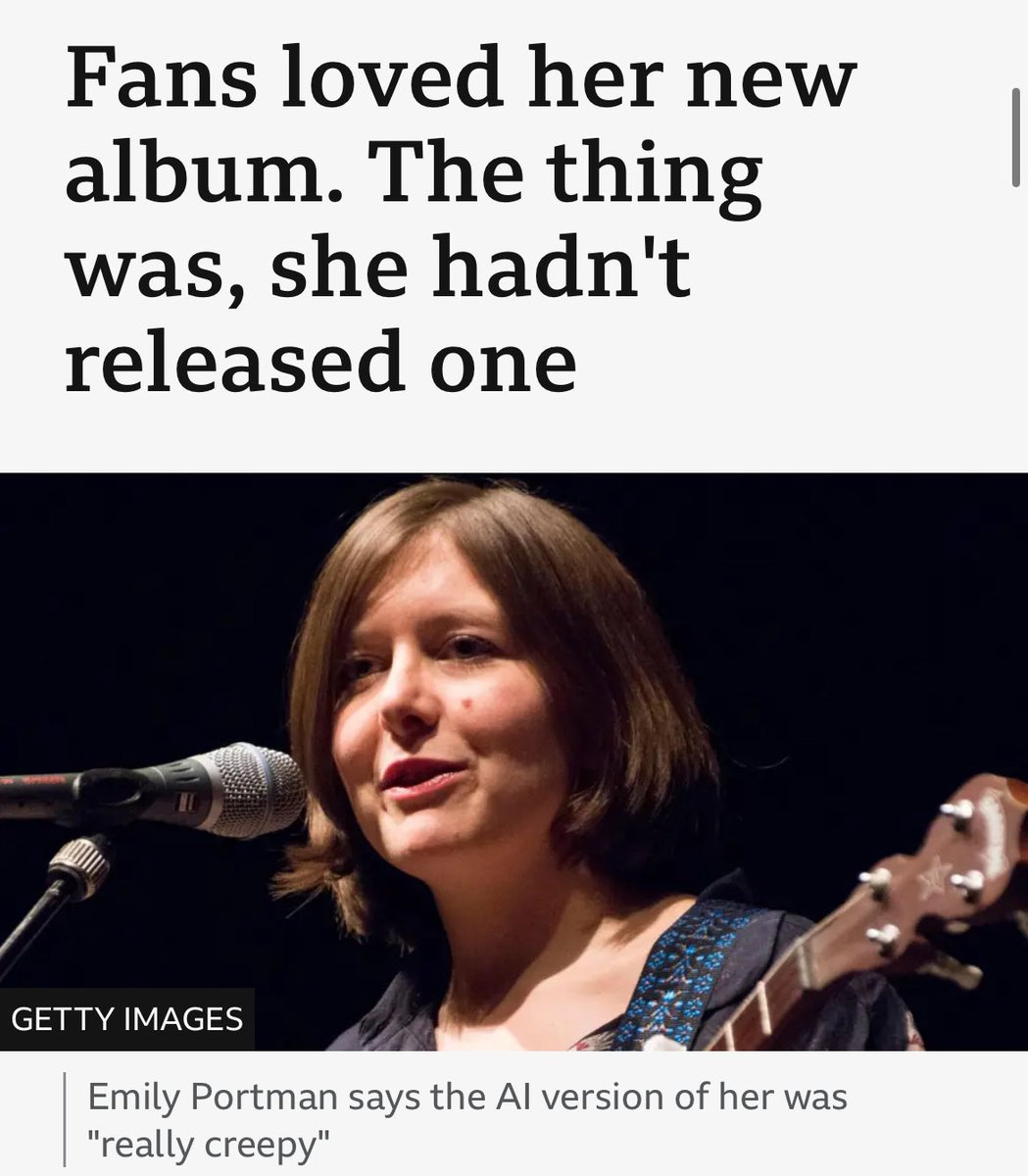 An entirely fake Gen AI album  trained on scrapings from Emily Portman's music has been illegally released on Spotify, iTunes and online platforms.

Portman says it feels like "the start of something pretty dystopian" - and highlights a lack of legal safeguards for artists.
