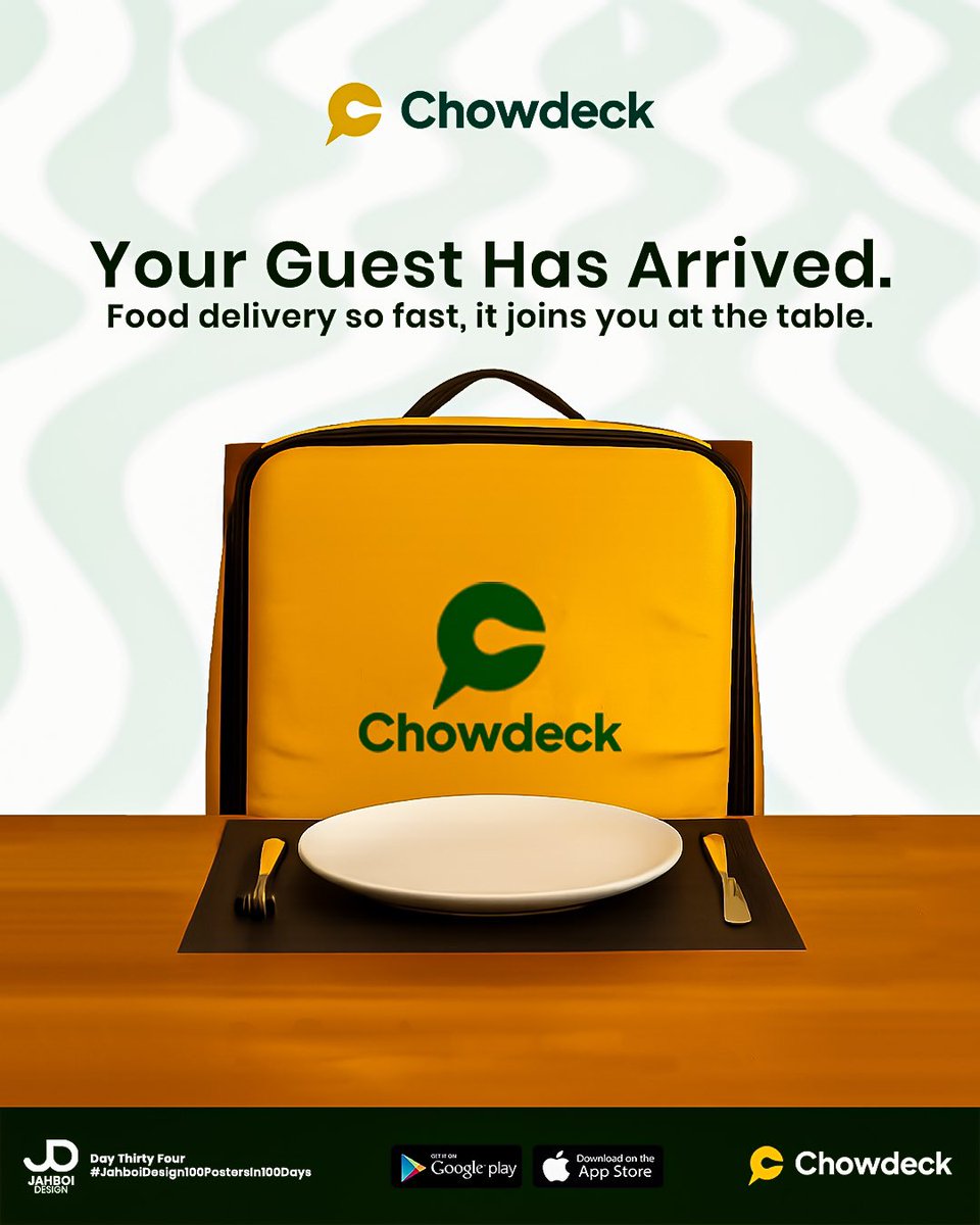 jahboidesign's tweet photo. Day 34/100 Poster Ad for Chowdeck
Your guest has arrived 🍽️💨
Food delivery so fast, it joins you at the table. With Chowdeck, every meal feels like it never left the kitchen.
@chowdeck @TheXEffect_ #JahboiDesign100PostersIn100Days #PosterDesign #PosterAd https://t.co/yDPeWm05N0