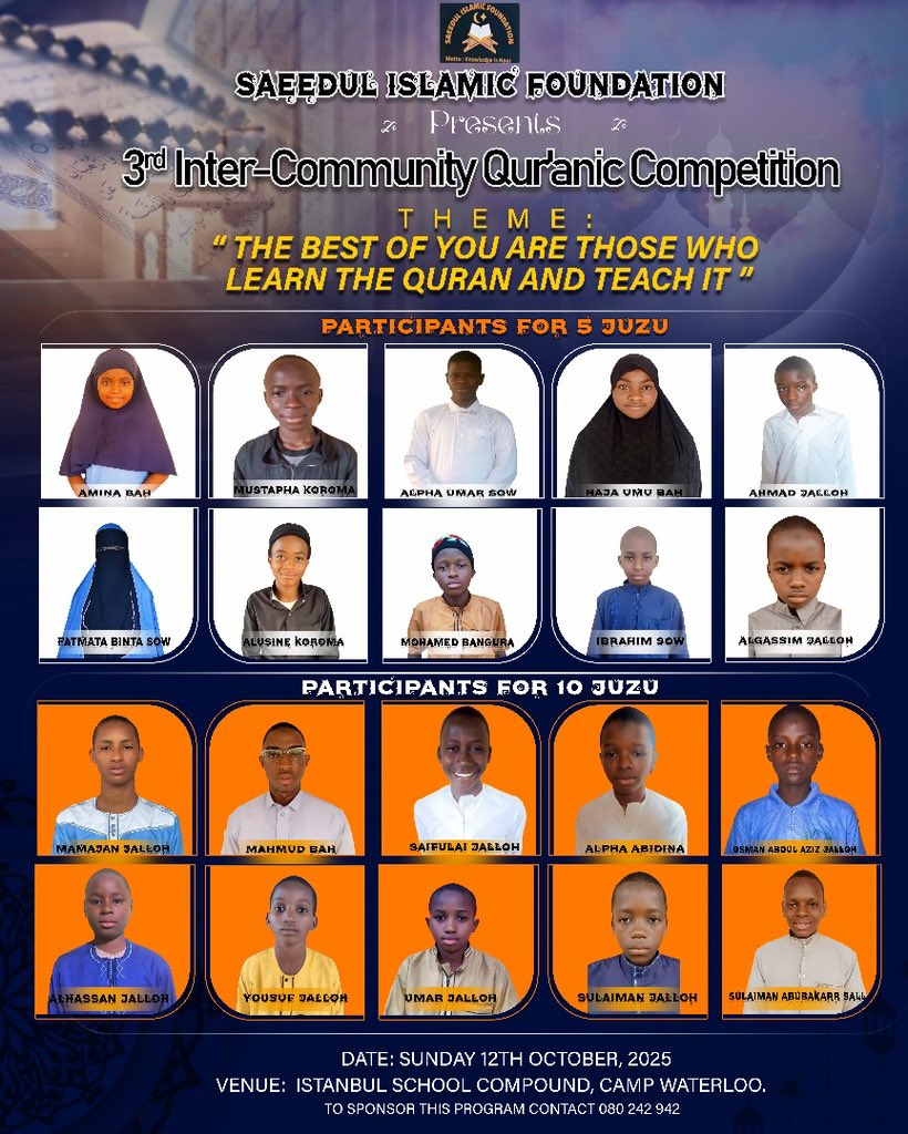SaeedulslF37030's tweet image. 🌙✨ 3rd Qur’an Competition 2025 ✨🌙
🗓 Sun, 12 Oct | 📍 Waterloo (Istanbul School)
By Saeedul Islamic Foundation

A day of Qur’an, youth &amp;amp; unity. Join us!

#Quran2025 #UnityInIslam
@MamaduNulador