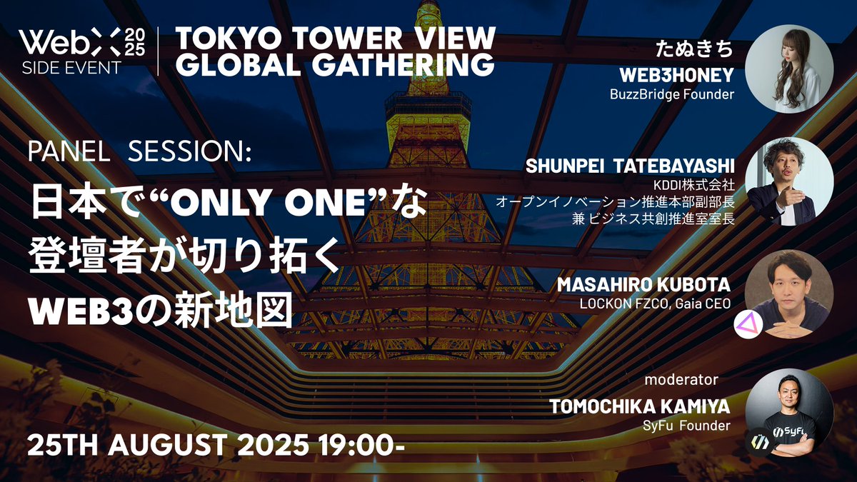 syfuofficial's tweet image. ／
🗼8/25 #SyFu &amp;amp; #ODOS #WebX Side Event
🎙️Panel Discussion (JP) Announced!
＼
Theme: “Only One” Leaders Shaping the New Map of Web3 from Japan
Four speakers with truly “Only One” positions in Japan come together.Don’t miss this rare chance to hear their unique visions of the…