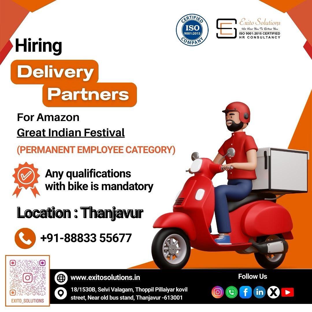 exitoashwin's tweet image. HIRING DELIVERY PARTNERS
CALL 8883355677
#EXITOSOLUTIONS #Thanjavur #ThanjavurJobs #DeliveryJobs #CollectionJobs #Amazon #Flipkart #Meesho #Myntra #sales #BigBillionDay #GreatIndianFestival #AmazonGreatIndianFestival #Driving #DrivingJobs #Reels #Shots #TrendingNews