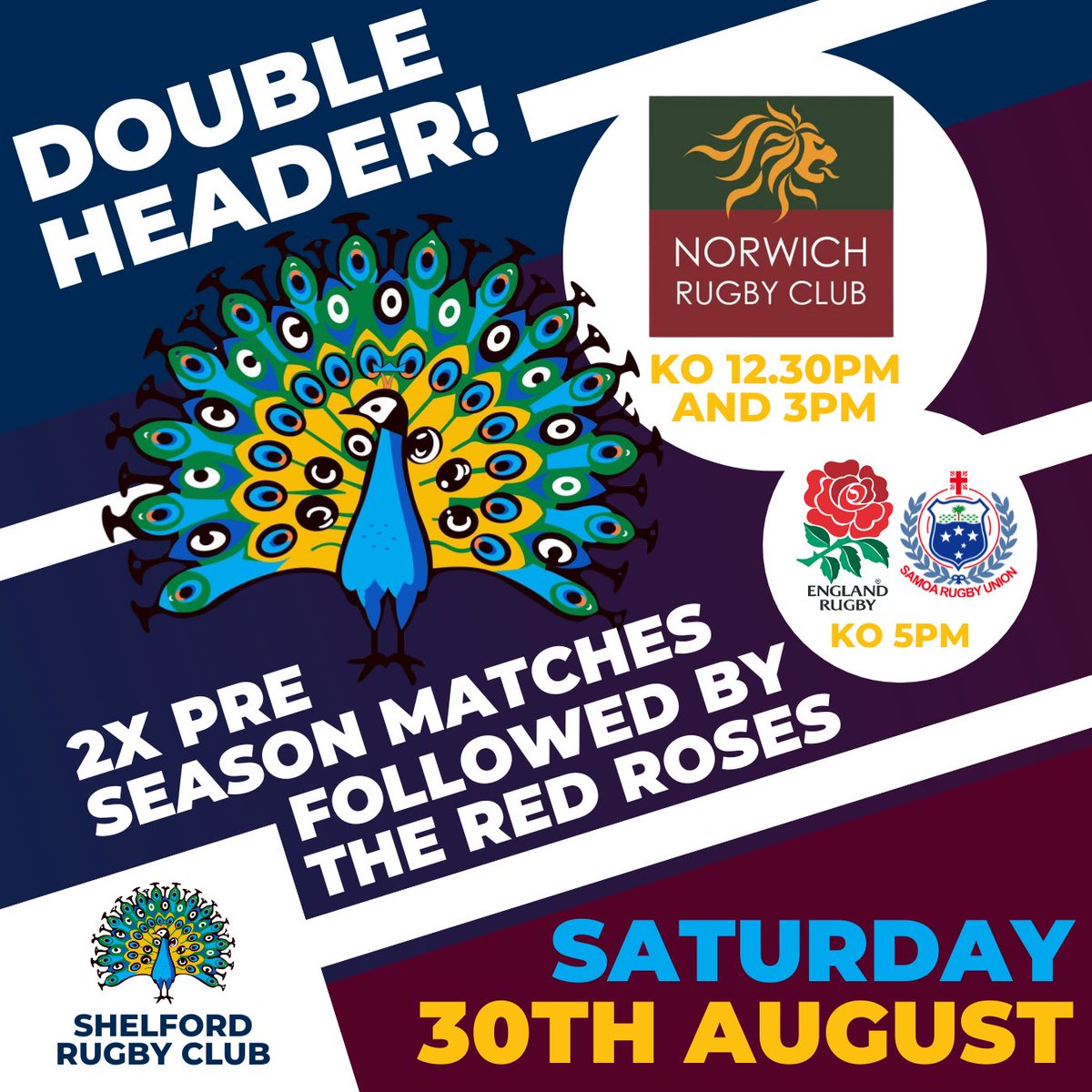 🏉 Pre-Season Double Header! 🏉
Sat 30th Aug our Senior Men host Norwich RFC for 2 back-to-back mixed squad games on the 3G 🕧 KOs from 12:30pm
Then from 5pm: Red Roses v Samoa on the big screens 📺🍻

A full day of rugby - don’t miss it!
#Peacocks #PreSeason #RugbyFamily