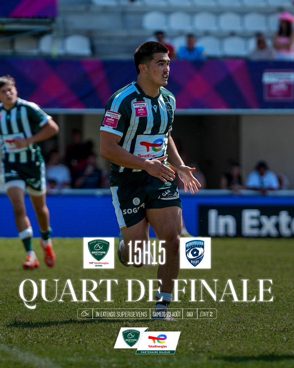 Section Paloise Béarn Pyrénées (@sectionpaloise) on Twitter photo 📆 Rendez-vous à 15h15 pour le 1/4 de finale face à Montpellier Sevens !
📺 Canal+ Sport
#SectionSevens #HonhaSection 📆 Rendez-vous à 15h15 pour le 1/4 de finale face à Montpellier Sevens !
📺 Canal+ Sport
#SectionSevens #HonhaSection