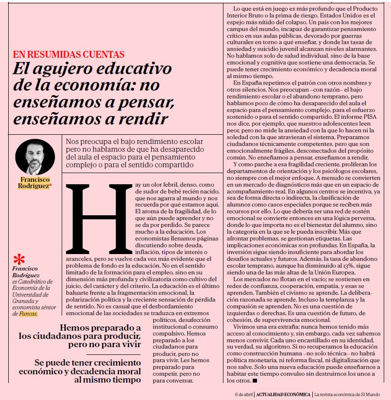 Ismael Sanz (@sanz_ismael) on Twitter photo 📚 No enseñamos a pensar, enseñamos a rendir.
El informe PISA preocupa por las notas, pero no por la soledad o ansiedad que vive el alumnado. Urge un cambio: más reflexión, empatía y propósito. <a href="/franrodfer/">Francisco Rodriguez</a> en 📚 No enseñamos a pensar, enseñamos a rendir.
El informe PISA preocupa por las notas, pero no por la soledad o ansiedad que vive el alumnado. Urge un cambio: más reflexión, empatía y propósito. <a href="/franrodfer/">Francisco Rodriguez</a> en