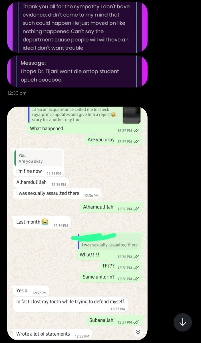 👑S.A.L.A.K.O🕊 (@unkleayo) on Twitter photo I've gotten some very disturbing news from students in Unilorin - about department wide sexual harassments going on, esp AXR Department.
They can't speak up because of the fear of expulsion.
Send your experiences here.
confess.ngl.link/ayo40239
I'll share your stories today. I've gotten some very disturbing news from students in Unilorin - about department wide sexual harassments going on, esp AXR Department.
They can't speak up because of the fear of expulsion.
Send your experiences here.
confess.ngl.link/ayo40239
I'll share your stories today.