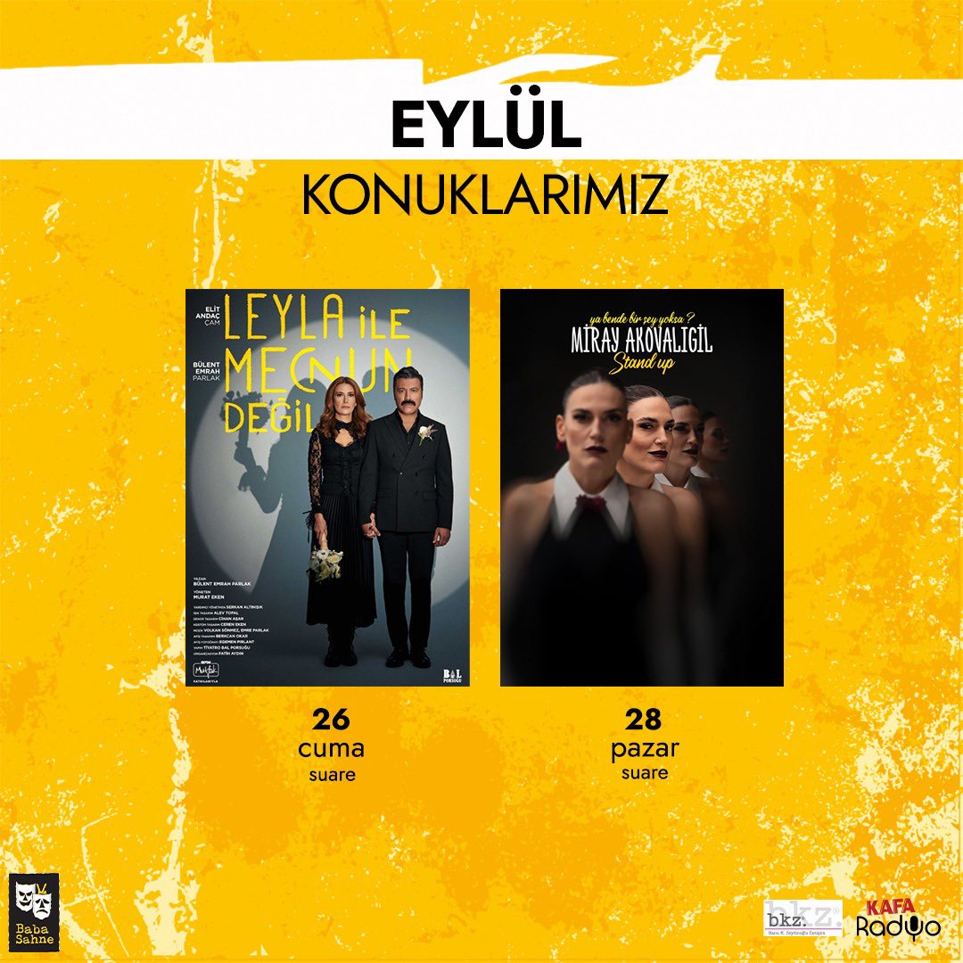 EYLÜL KONUKLARIMIZ 🎭

Biletler babasahne.com ve gişede!

☎️ 0216 700 11 11

🔎 babasahne.com

#BabaSahne #BabaTakvim #EylülKonuklarımız