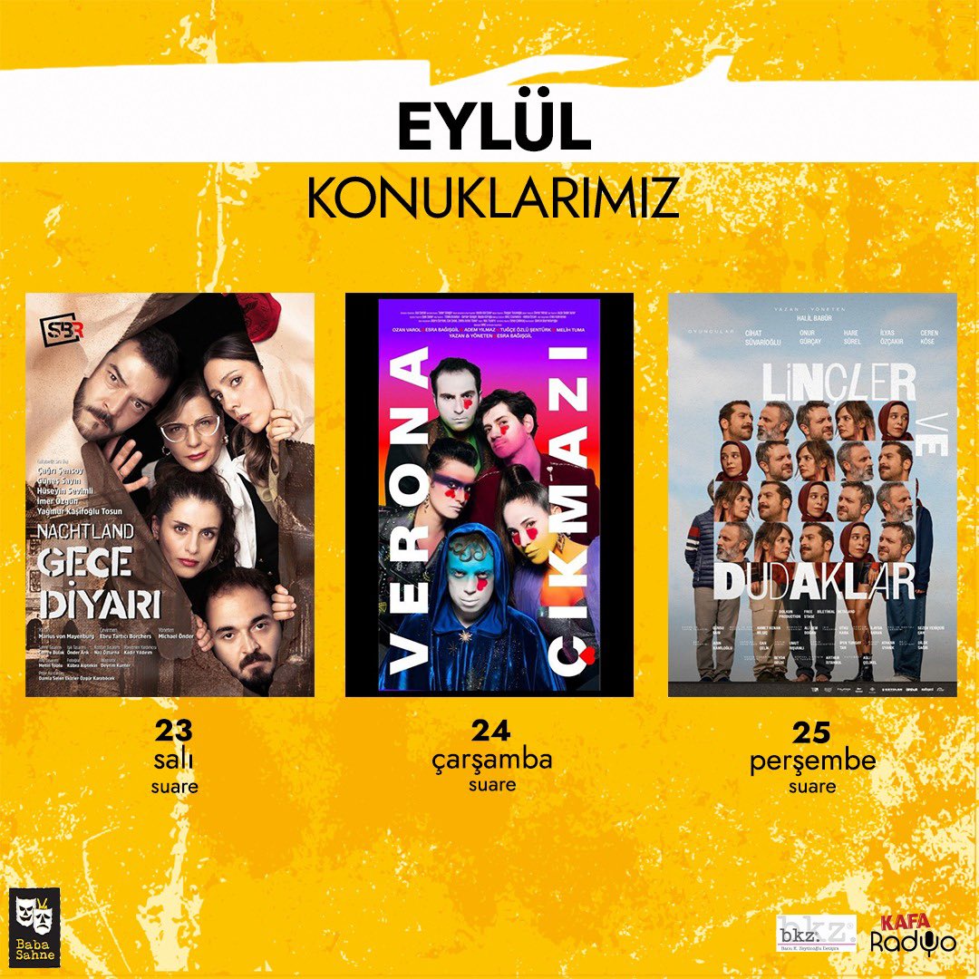 babasahne's tweet photo. EYLÜL KONUKLARIMIZ 🎭
Biletler https://t.co/gj8vaCC4ao ve gişede!
☎️ 0216 700 11 11
🔎 https://t.co/Qvf2YflkD8
#BabaSahne #BabaTakvim #EylülKonuklarımız https://t.co/Kwr1P3BgJh