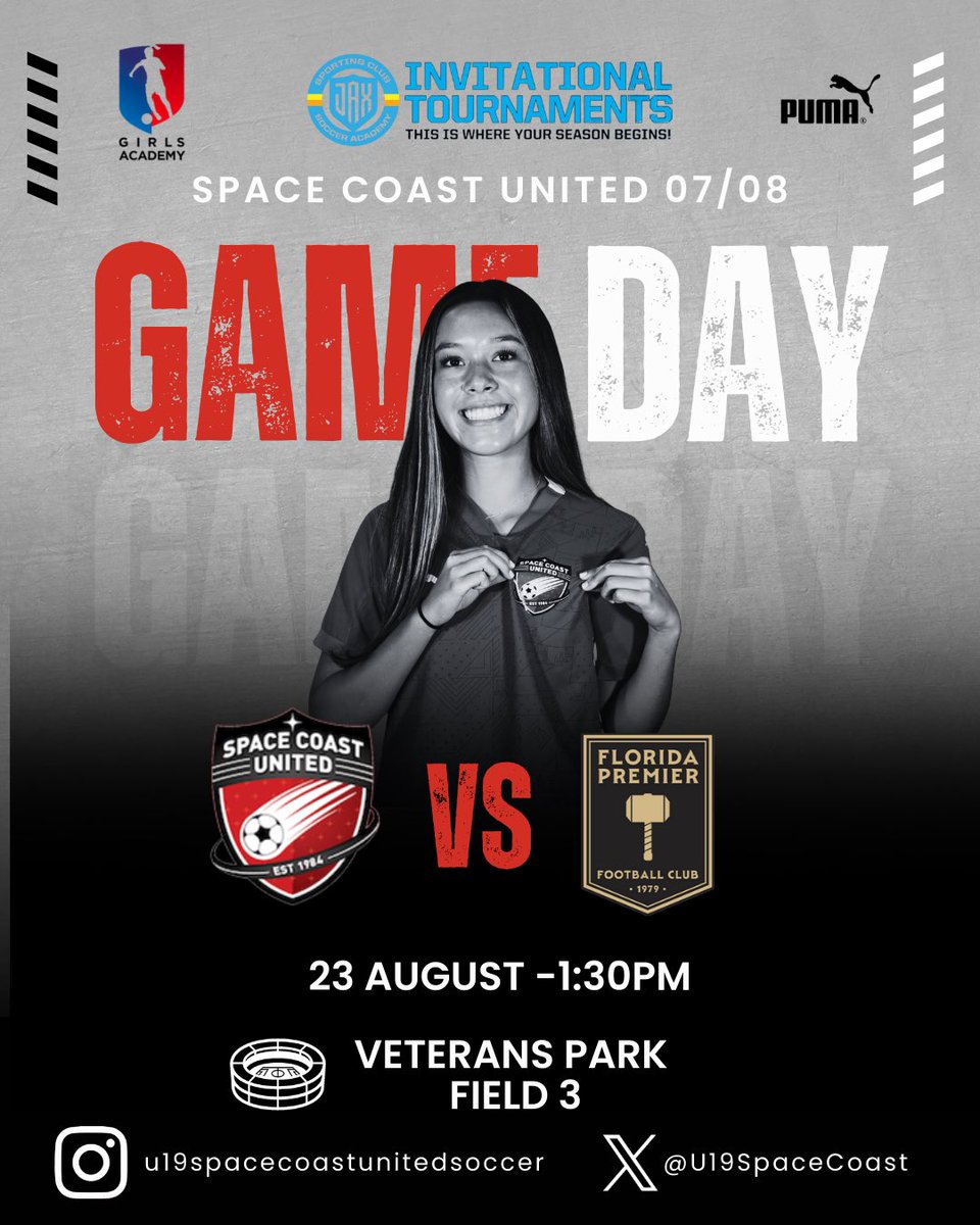 U19SpaceCoast's tweet photo. IT’S GAME DAY🚨 

Game 1 of the Sporting Jax Girls Invitational is here!  Your @U19SpaceCoast squad takes on FL Premier this afternoon @ Veterans Park 3. @SportingJaxSa @scusc @GAcademyLeague @TopDrawerSoccer @ImYouthSoccer 

📍 Veterans Park Field 3
🕣 1:30PM 
🆚 FL Premier https://t.co/lEOGvY3GDY