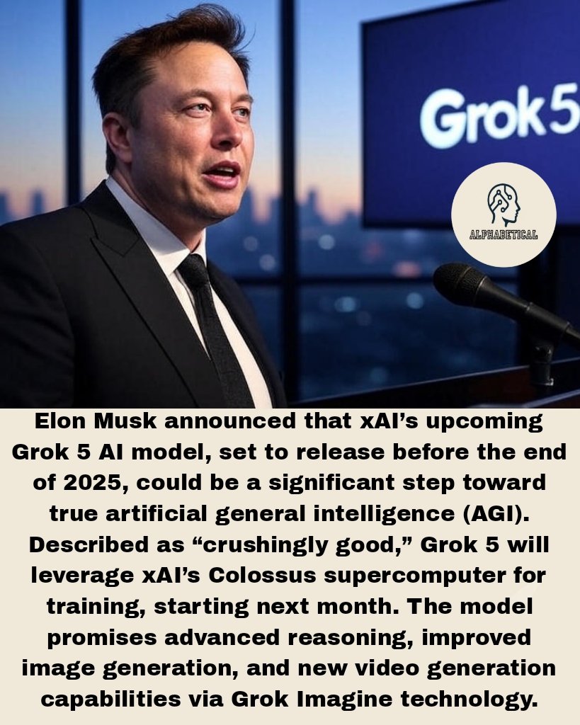 AskAlphabetical's tweet image. 🚨 Elon Musk claims Grok 5 AI could be “true AGI” by year-end ⚡
Musk says the upcoming model may be the first real step toward Artificial General Intelligence — calling it “crushingly good.”
#ElonMusk #Grok5 #AGI #ArtificialIntelligence #AI