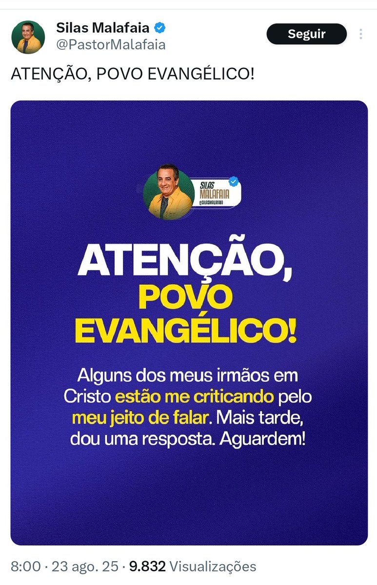 Não concordo com muitos dos posicionamentos do Silas Malafaia, principalmente no seu conluio com os políticos do centrão, porém, muito me agrada quando ele rasga o verbo contra os cães do autoritarismo.