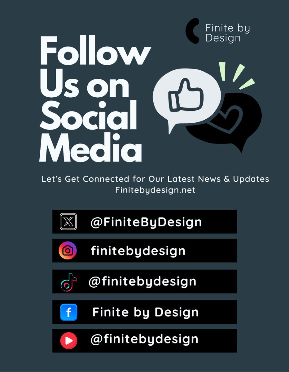 FiniteByDesign's tweet image. Stay connected with us! 💬 Follow Finite by Design on all platforms for the latest news, updates &amp;amp; inspo. 🌟 #FollowUs #FiniteByDesign #StayConnected #SocialMediaGoals #LatestUpdates
