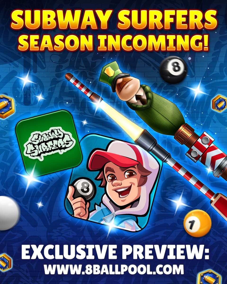8ballpool's tweet image. INCOMING! The @subwaysurfers  crew are making a break for the 8 Ball Pool tables 🚇 🎱

🎁 Get ready to chase down a special Jake #AnimatedAvatar &amp;amp; more exclusive Subway Surfers prizes

🗓️ The fun starts Wed Aug 27
Preview » mcgam.es/xbszod

#8BallPool x #SubwaySurfers