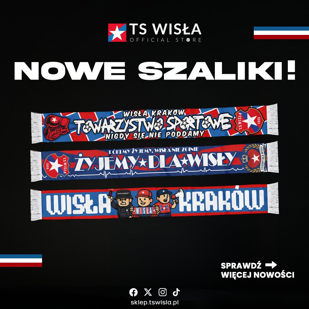 6 nowych wzorów szalików znajdziecie jutro przed meczem w naszym sklepie❗🔵⚪🔴 Zapraszam na zakupy od 8 rano.

💵 Cena szalika 60 zł