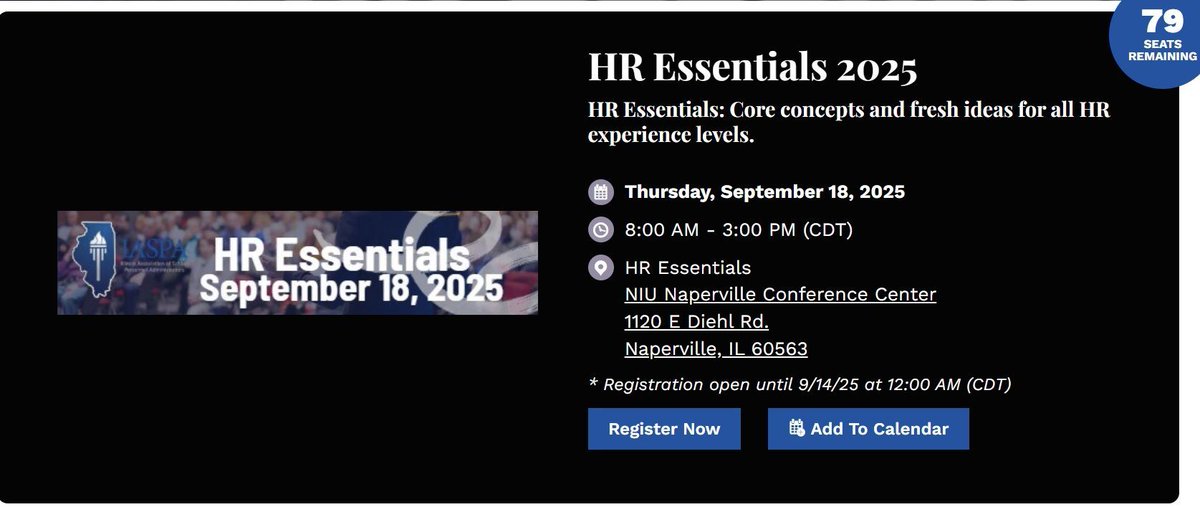 Ready to level up your HR game? 🚀 Join us for HR Essentials 2025! A day packed with concepts and ideas for all HR levels.  🗓️ Thursday, September 18th
📍NIU Naperville Conference Center ⏰Don't miss out! Register by September 14th. Limited seats available! #ILHRLeaders