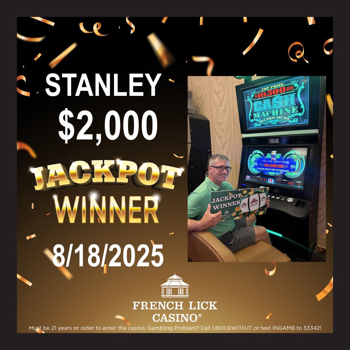Congratulations to Stanley on this $2,000 jackpot won on a $1 Giant Cash Machine game.