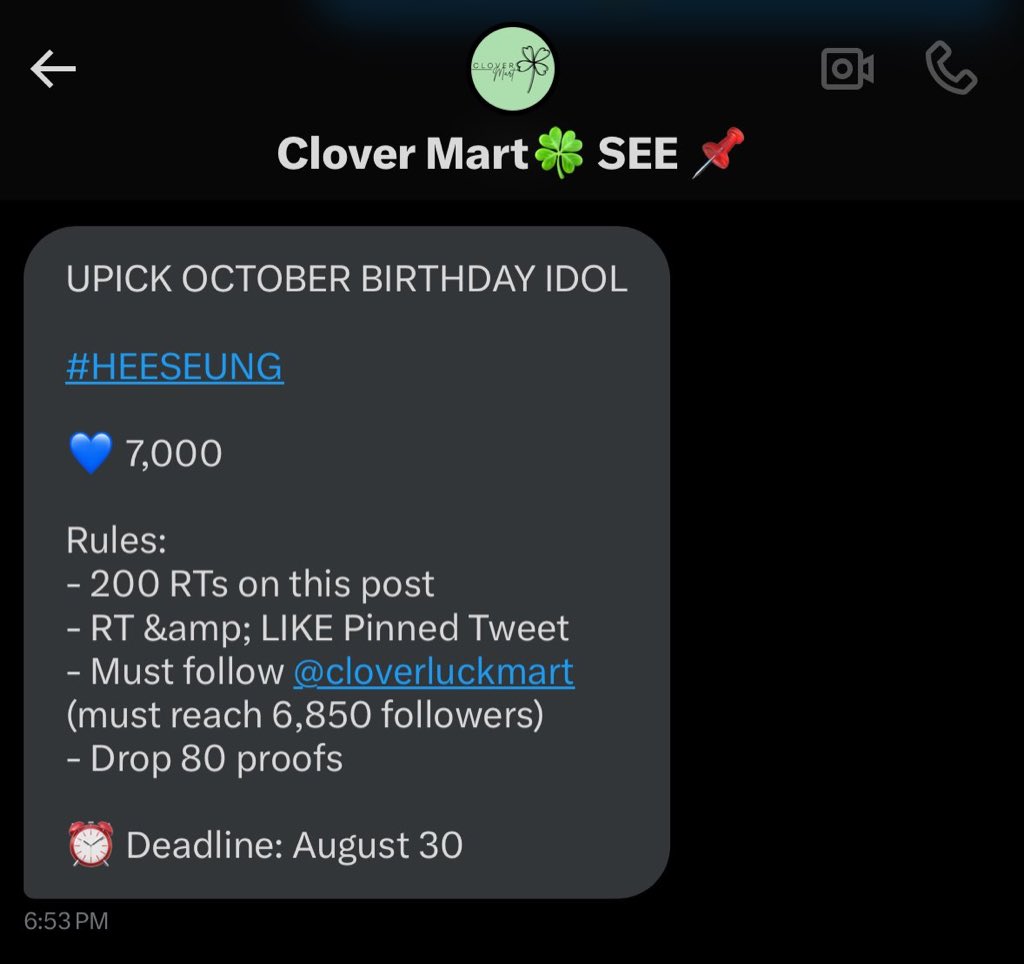 ً (@mainlylhs) on Twitter photo UPICK OCTOBER BIRTHDAY IDOL
#HEESEUNG
💙 7,000
Rules:
- 200 RTs on this post
- RT &amp; LIKE Pinned Tweet
- Must follow <a href="/cloverluckmart/">Clover Mart🍀 SEE 📌</a> (must reach 6,850 followers)
- Drop 80 proofs
⏰ Deadline: August 30 UPICK OCTOBER BIRTHDAY IDOL
#HEESEUNG
💙 7,000
Rules:
- 200 RTs on this post
- RT &amp; LIKE Pinned Tweet
- Must follow <a href="/cloverluckmart/">Clover Mart🍀 SEE 📌</a> (must reach 6,850 followers)
- Drop 80 proofs
⏰ Deadline: August 30