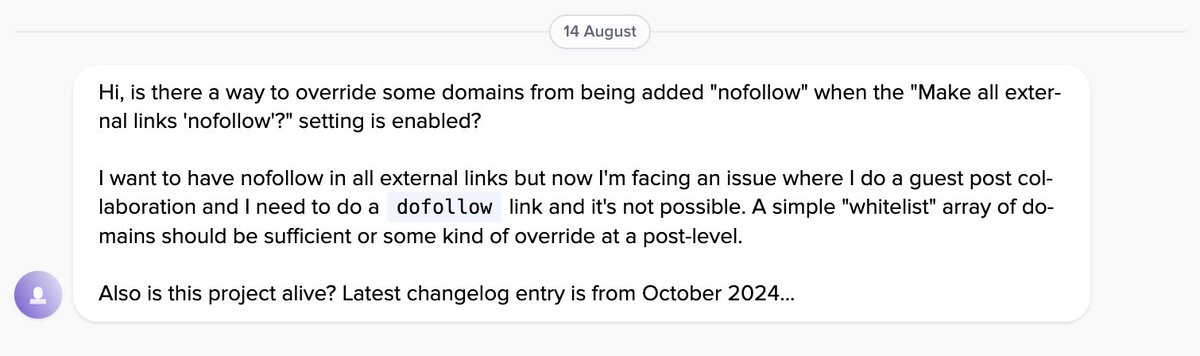 Another day, another update.

Last week a user asked if they could override the “make all external links nofollow” setting for certain links.

Finally got around to building it.

Now you can override per link so you’re not stuck with only nofollow everywhere.

Wrote a quick