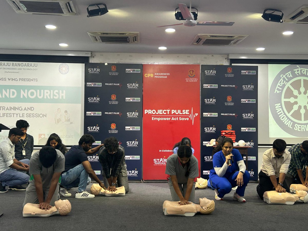 SuchitraAcad's tweet image. Project Pulse Success! 🙌 CPR training sessions by Star Hospitals at Gokaraju Rangaraju Engg College. Shaping a safer tomorrow, together! ❤️#ProjectPulse #CPRTraining #SuchitraAcademy #StarHospitals #CommunityFirst