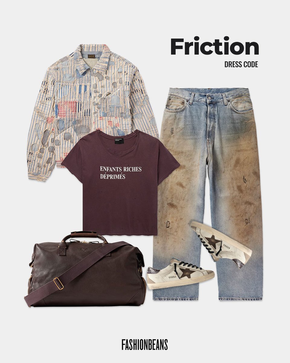 fashionbeans's tweet image. #DressCode Friction ⚡️ 
🧥 @Kapital 
👕 Enfants Riches Deprimes
👖 @acnestudios 
💼 Bennett Winch 
👟 Golden Goose

🔁 If you&apos;d rock this fit 🫡

#OutfitGrid | FashionBeans.com
