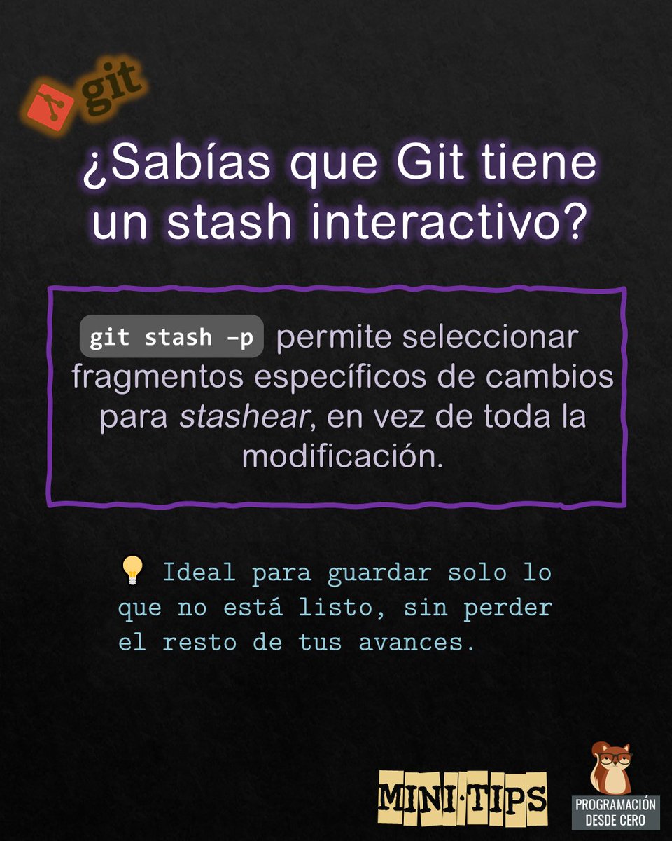 Programacion_0's tweet image. ⚡Mini-tip de git: stash interactivo para seleccionar solo ciertos cambios.

#programadores #programación #devs #coding