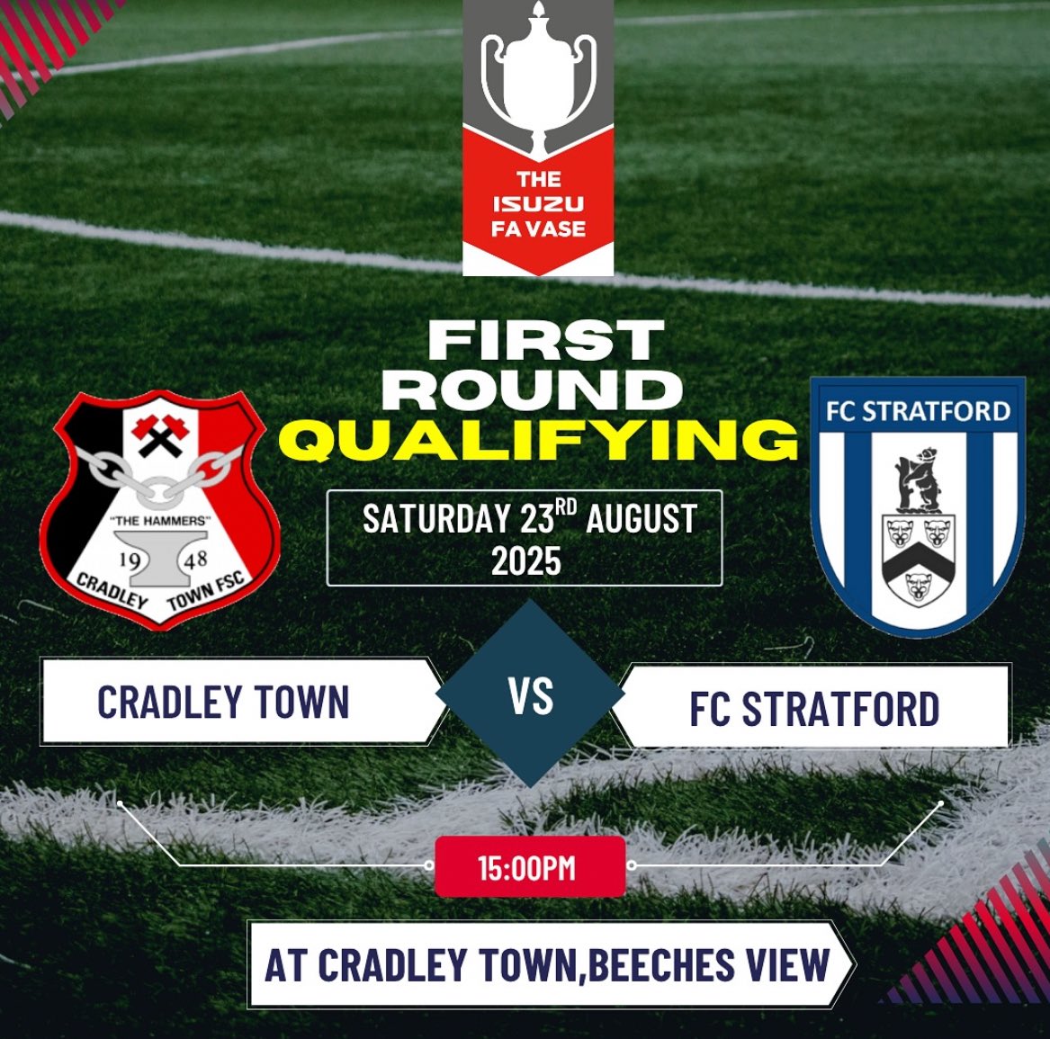 ITS MATCHDAY!⚽️🏆

FA Vase Cup campaign will start on Saturday 23rd August 2025 at home against @fc_stratford ✨

#upthehammers #cradleytown #cradleytownfc #favasecup #westmidlandsfootball